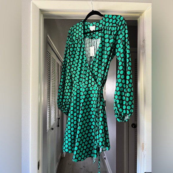 Milly Milky Siena Wrap Dress, Black Green Polka Dot (Medium) NWT $395 - Picture 5 of 8